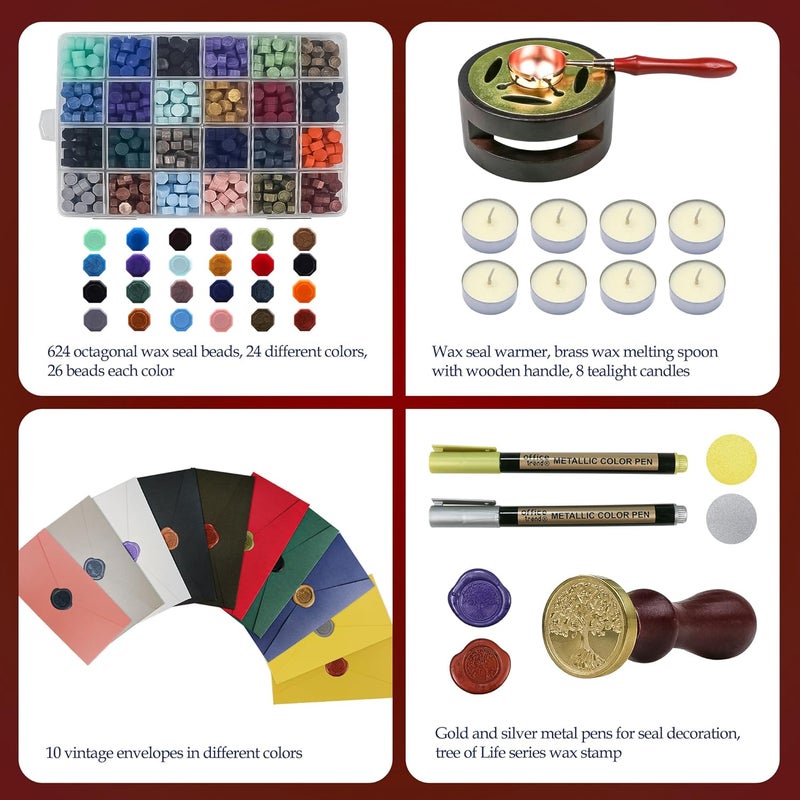 TRINIDa Wax Seal Kit, Premium Wax Seal Stamp Kit with 24 Colors 624 Pcs Beads, Metallic Pens, Warmer, Spoon and Tea Candles for Wedding Invitation, Letter Envelope, Gift Cards & DIY Crafts - Image 2